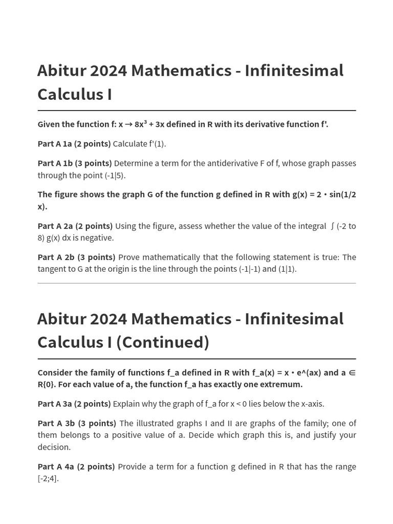 Abitur 2024 Math: Infinitesimal Calculus | PDF | Function (Mathematics ...