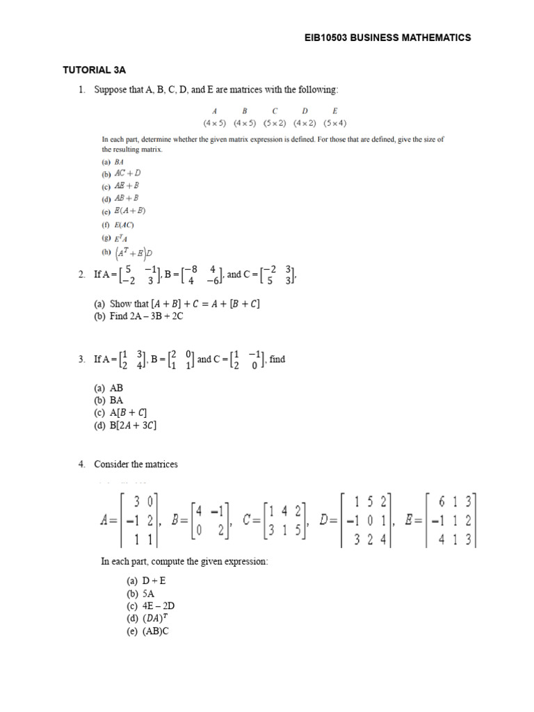 Business Mathematics Matrix Operations | PDF
