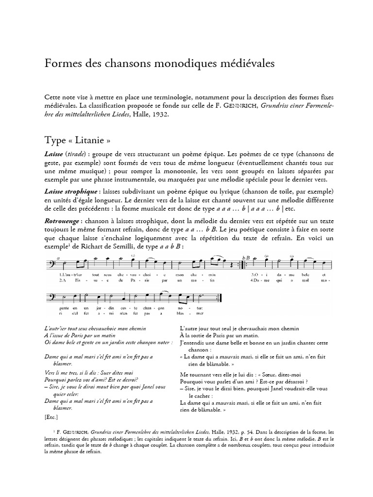 Formes des chansons médiévales monodiques | PDF | Chansons | Ballade