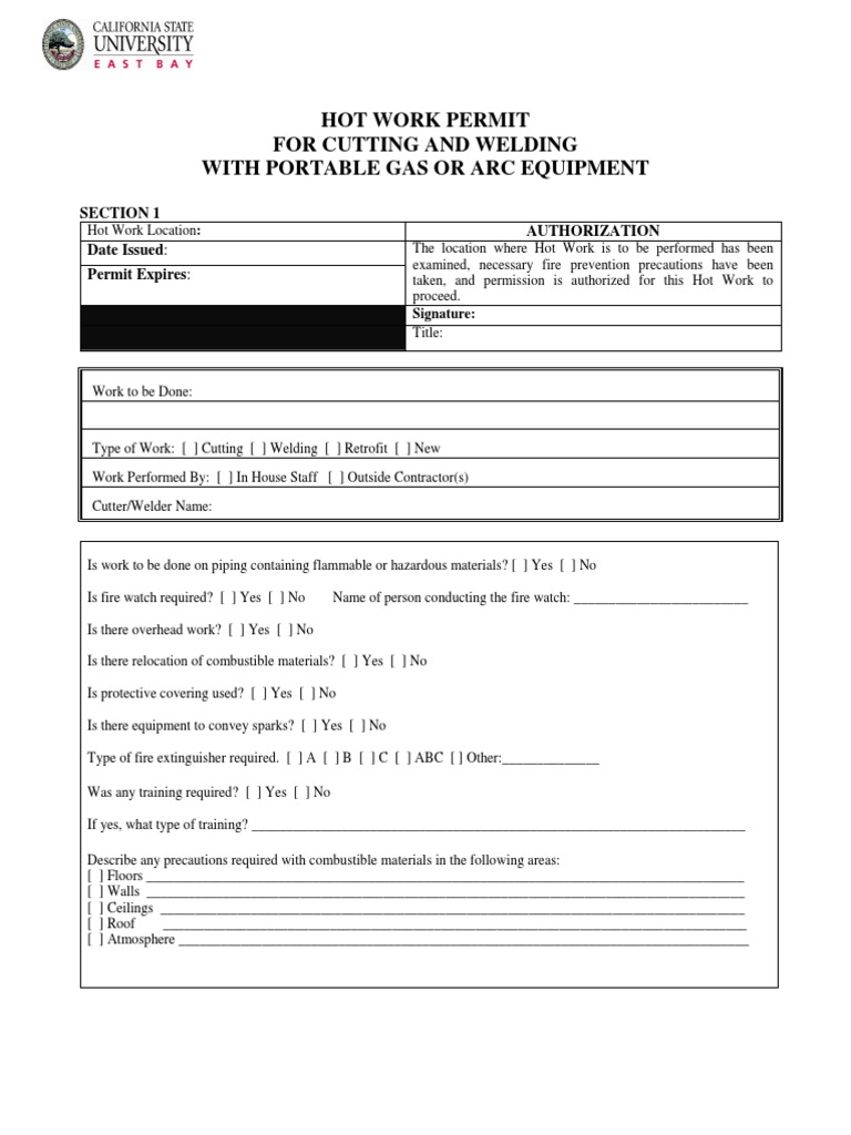 Hot Work Permit PDF Flammability Welding