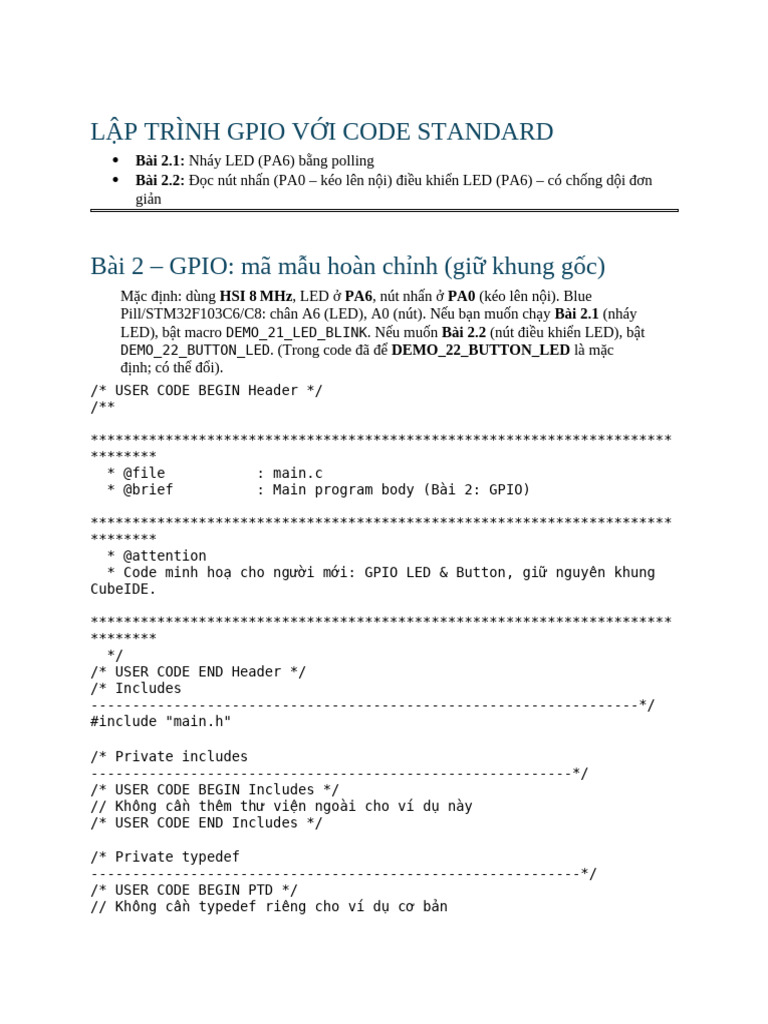 Lập Trình Gpio Với Code Standard: Bài 2.1: Bài 2.2 | PDF