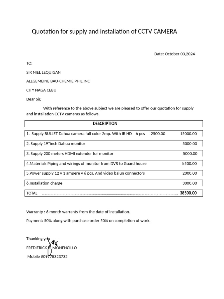 Quotation For Supply and Installation of CCTV CAMERA | PDF