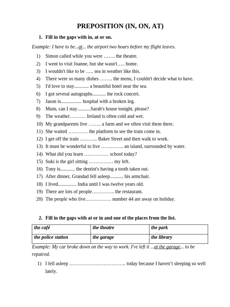 Prepositions Exercises: In, On, At | PDF
