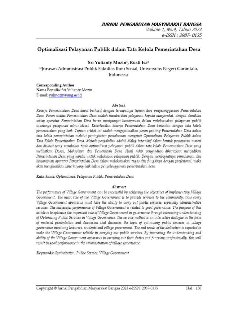 Optimalisasi Pelayanan Publik Dalam Tata Kelola Pemerintahan Desa | PDF