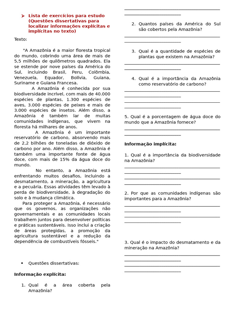 Exercícios sobre a Amazônia e sua Importância | PDF | Floresta ...
