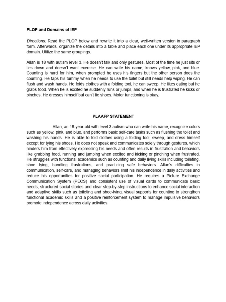 IEP PLOP Analysis for Allan's Autism | PDF | Communication | Reinforcement