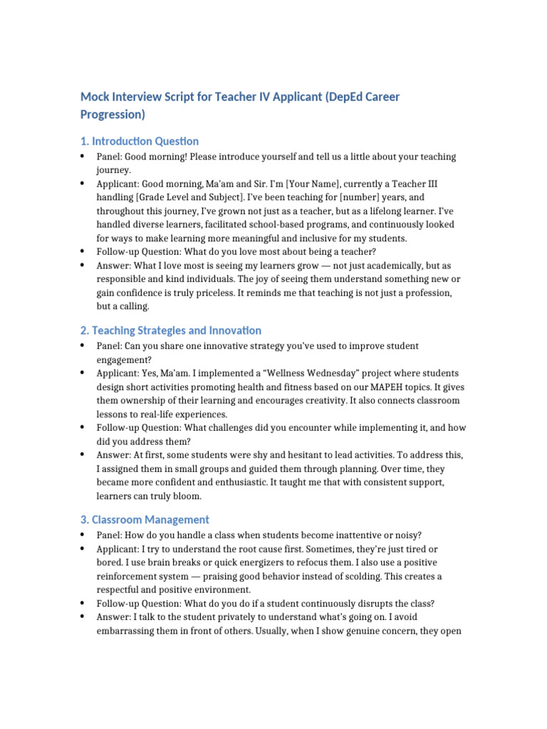 Teacher IV Mock Interview Script | PDF | Teachers | Learning