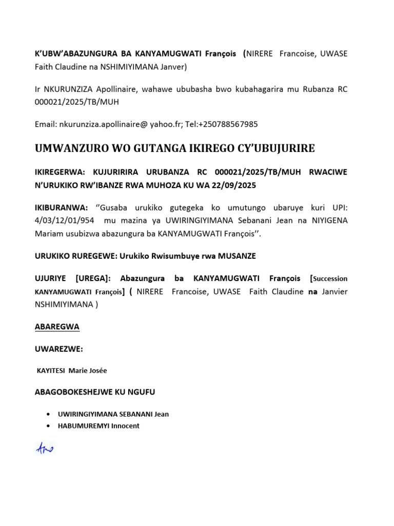 Urubanza ku Mutungo wa KANYAMUGWATI | PDF