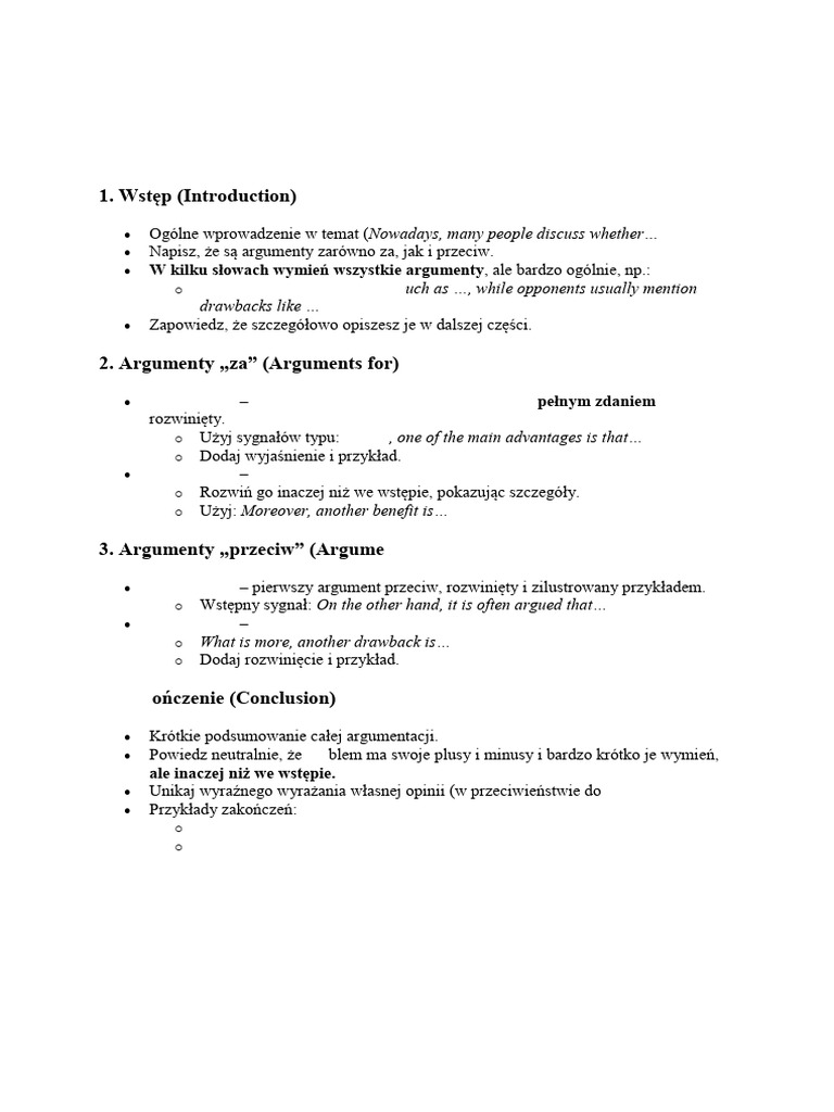 Plan Rozprawki Za I Przeciw | PDF