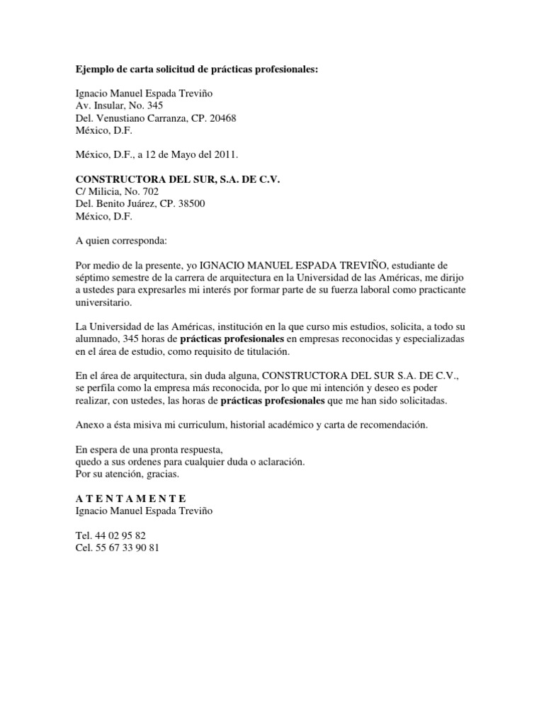 Ejemplo De Carta Solicitud De Prácticas Profesionales Pdf