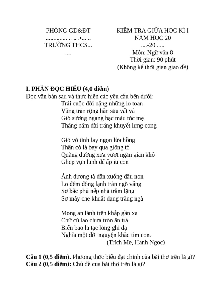 Ktra Gki 1 Văn 8 | PDF