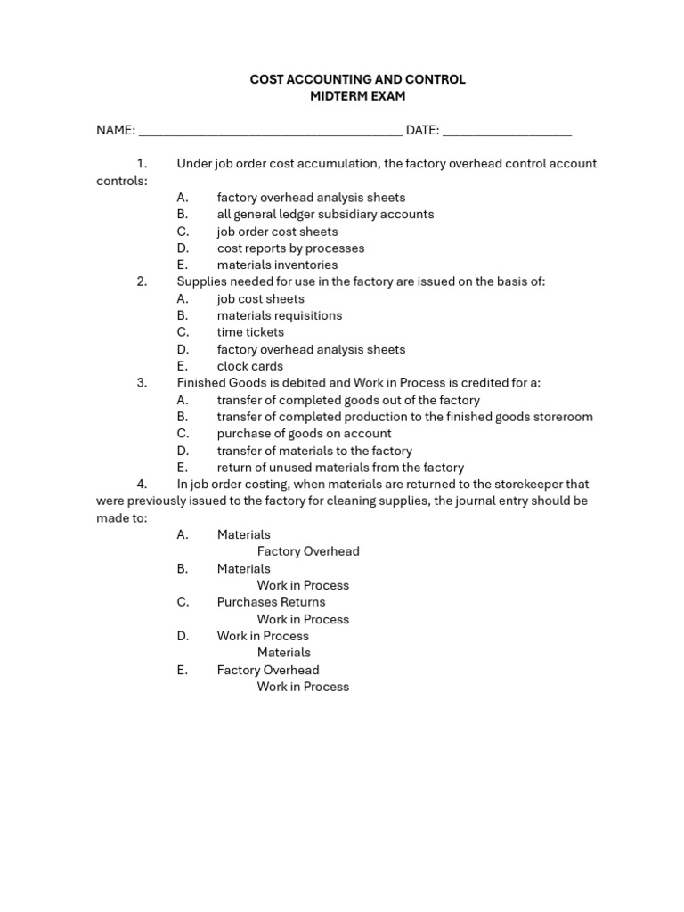 Cost Accounting Midterm Exam Questions | PDF | Cost Of Goods Sold ...