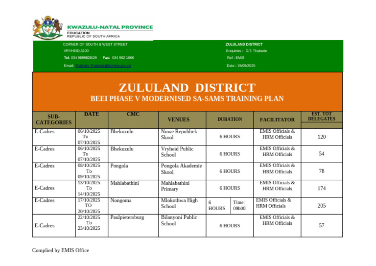 Modernised SA-SAMS Training Schedule | PDF