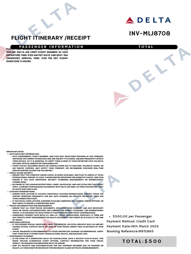 Delta Flight Itinerary: LAX to YYZ | PDF | Delta Air Lines | Transport