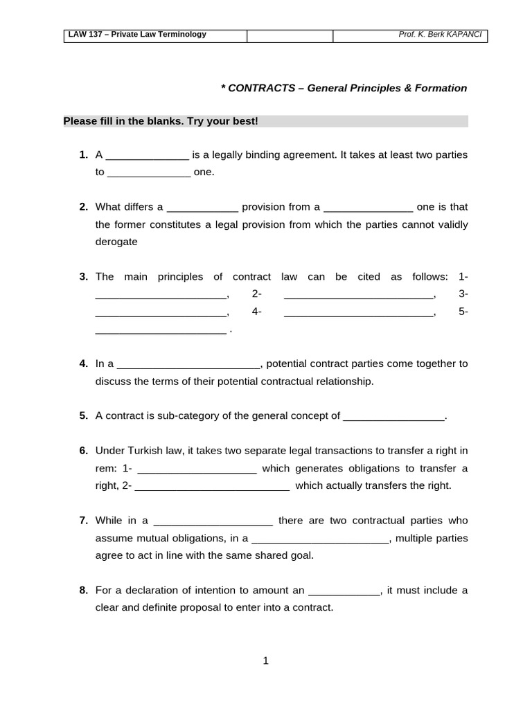 In Class Exercise N 1 - Contracts - General Principles - Formation ...