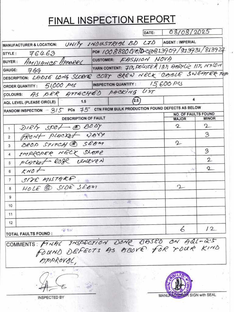 Final Inspection Report for Apparel | PDF