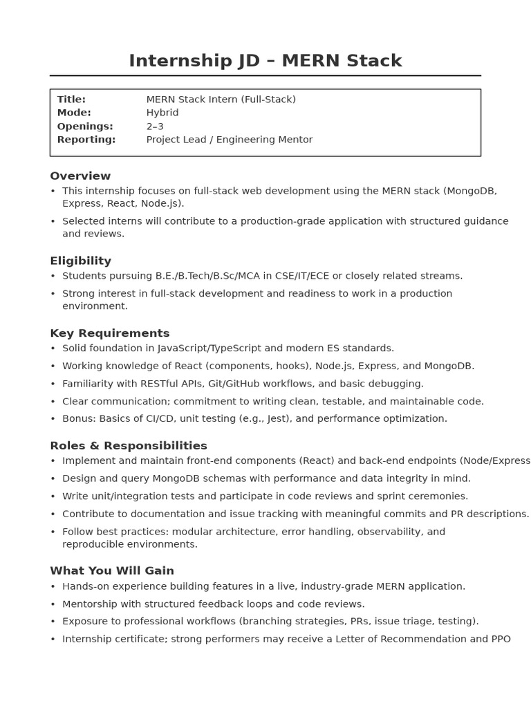 MERN Stack Internship Opportunity | PDF
