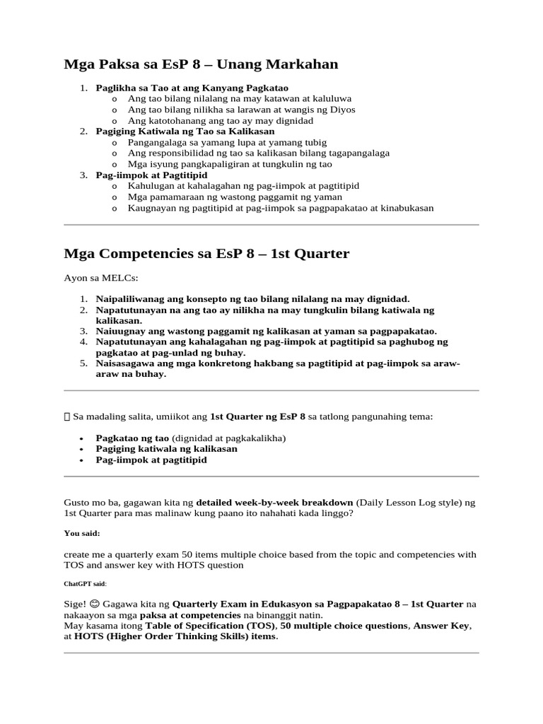 Esp 8 - 1st Quarter Exam | PDF