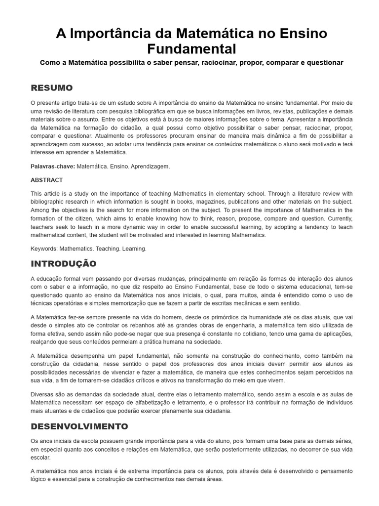 Importância da Matemática no Ensino Fundamental | PDF | Matemática ...