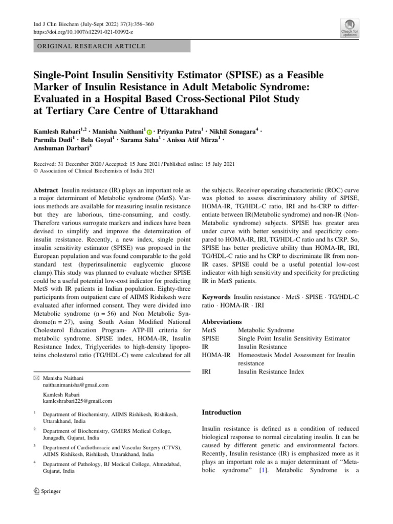 Single-Point Insulin Sensitivity Estimator (SPISE) As A Feasible | PDF ...