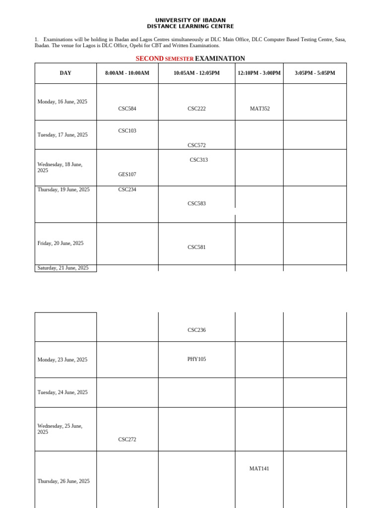 UI Distance Learning Exam Schedule 2025 | PDF