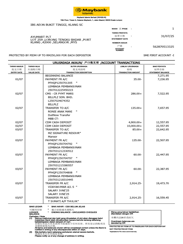 Account Transactions Statement July 2025 | PDF | Payments | Money