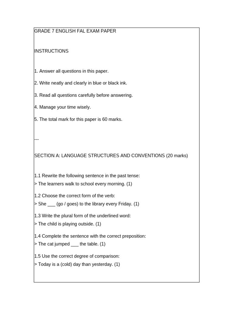 Grade 7 English FAL Exam Paper | PDF | English Language | Linguistics