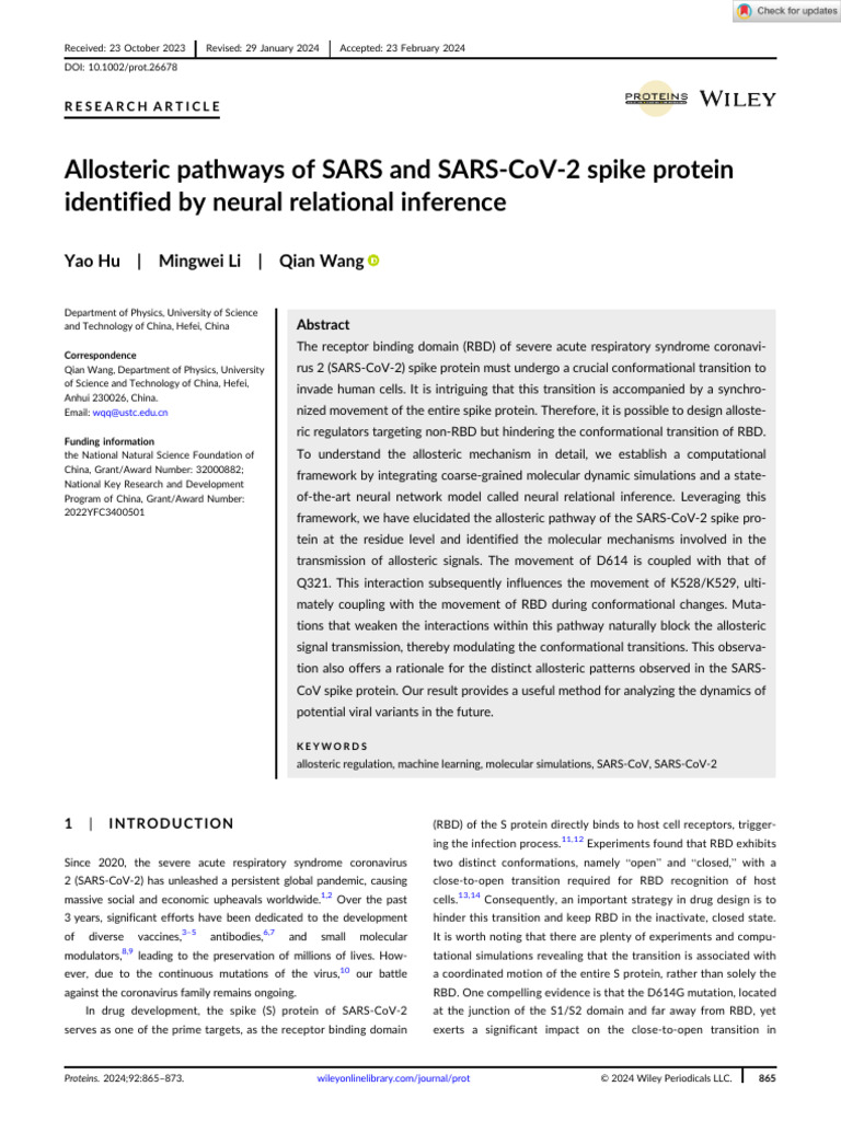Proteins - 2024 - Hu - Allosteric Pathways of SARS and SARS CoV 2 Spike ...
