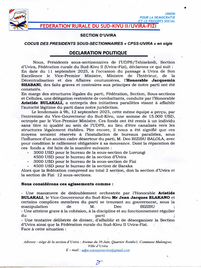 Udps Uvira Declaration Politique Sous Sections Ok | PDF