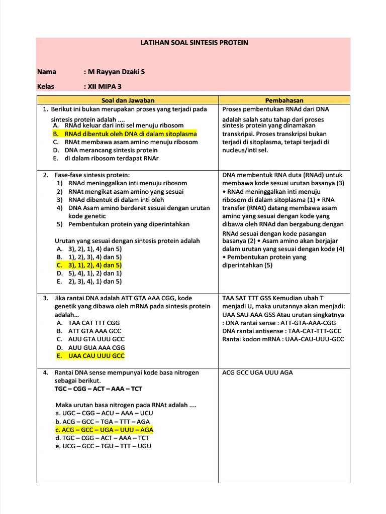 Latihan Soal Sintesis Protein MIPA XII | PDF