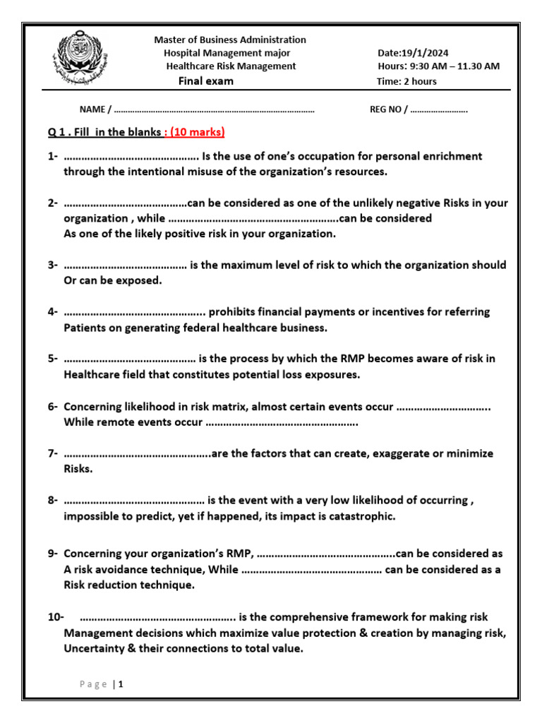 Healthcare Risk Management Exam Guide | PDF | Risk | Risk Management