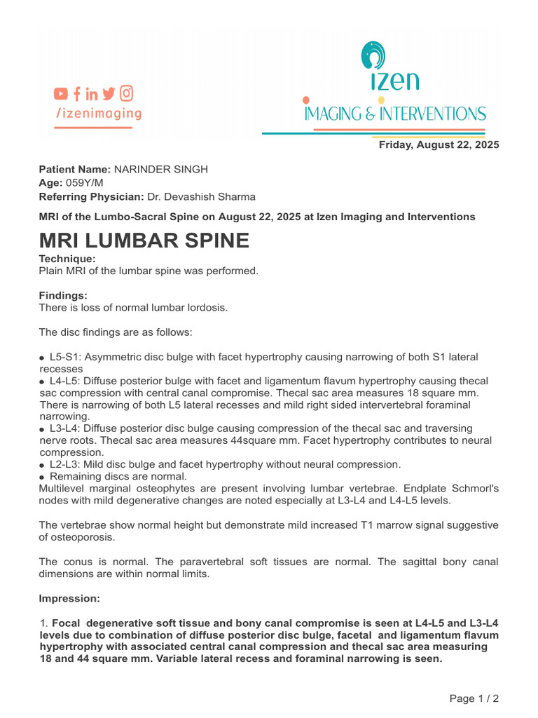MRI Report: Lumbar Spine Findings | PDF | Vertebra | Skeletal System