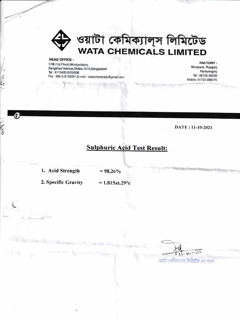 Sulfuric Acid Test Results - Wata Chemicals | PDF