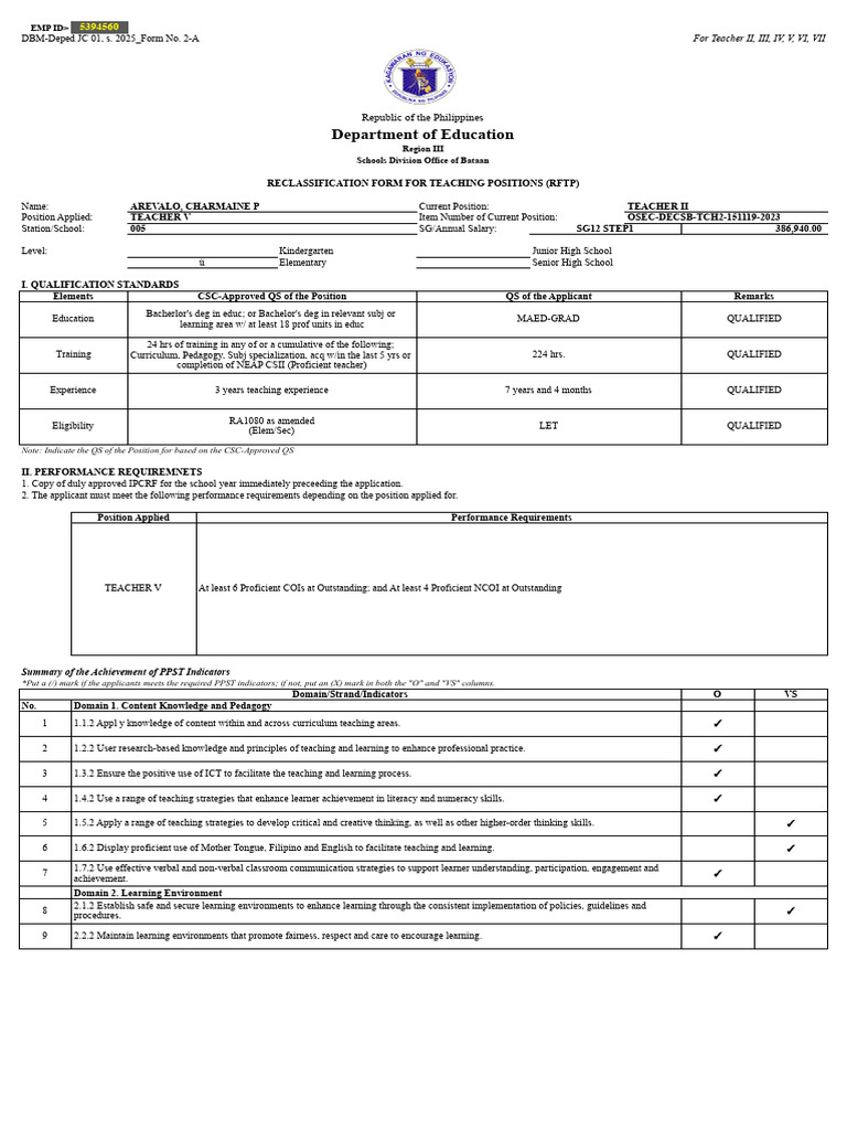 Teacher V Reclassification Form 2025 | PDF | Learning | Educational ...