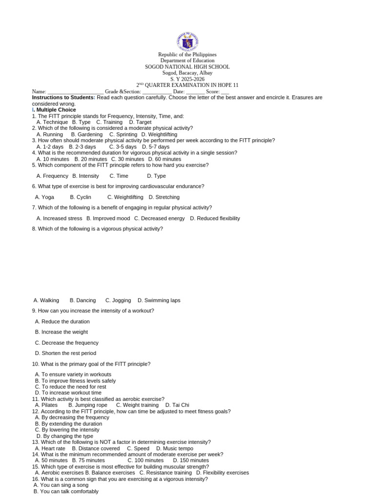 HOPE 11 2nd Quarter Exam Guide | PDF | Physical Fitness | Strength Training