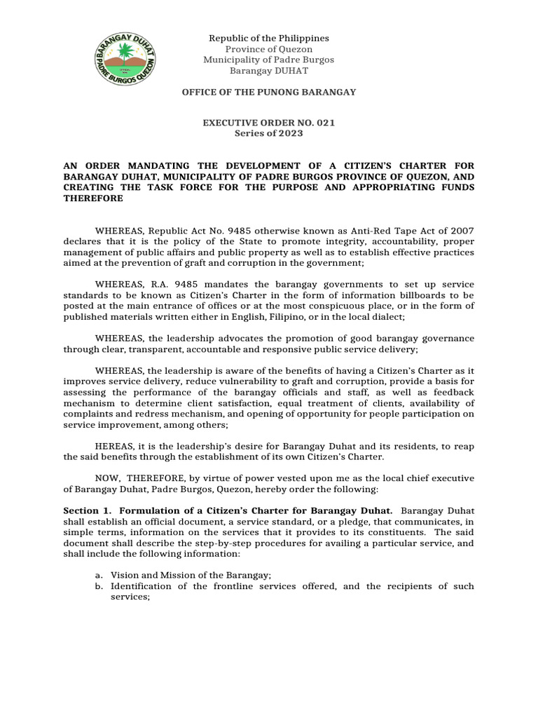 Citizen's Charter Development Order | PDF | Government | Justice