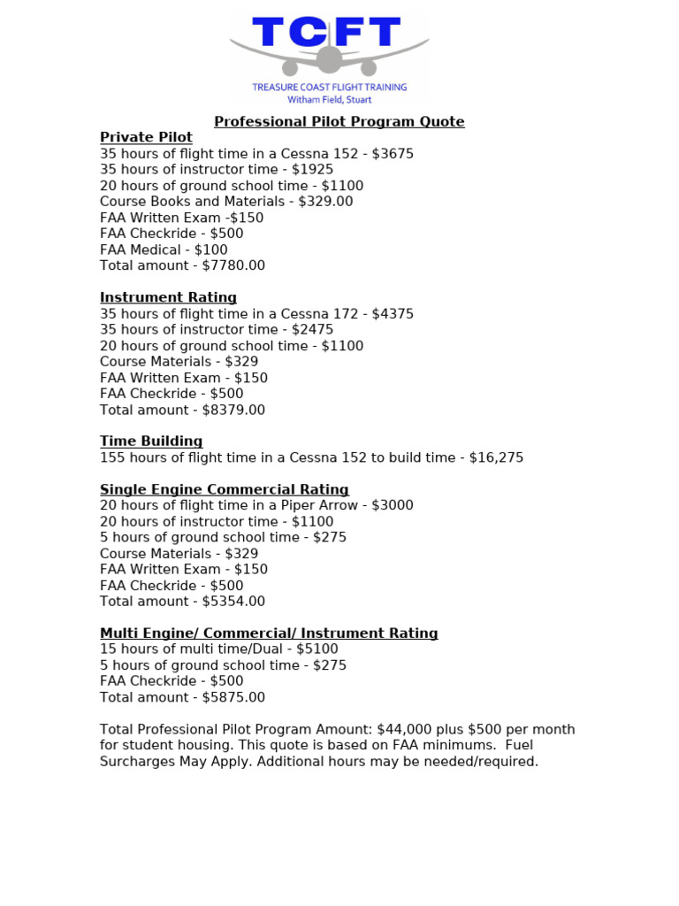 Professional Pilot Program Pricing Details | PDF