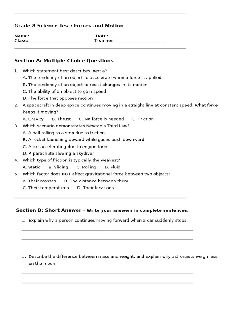 Grade 8 Science Test: Forces & Motion | PDF | Force | Friction