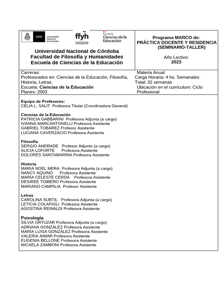 Programa de Práctica Docente 2023 | PDF | Enseñando | Maestros