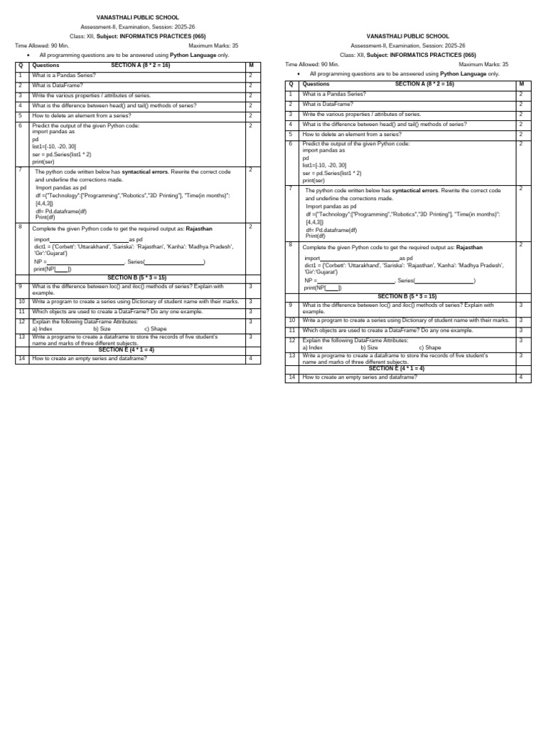 Class Xii Ip Ass II Exam(Aug 2025) | PDF | Software Engineering ...