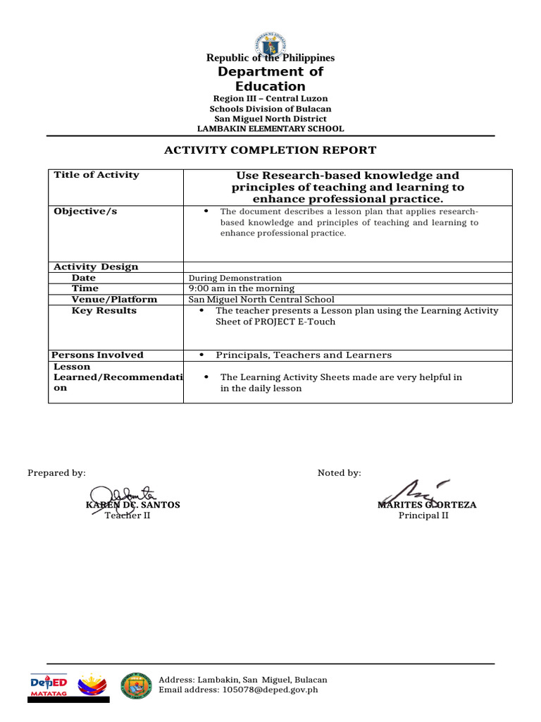 Activity Completion Report for Teachers | PDF | Teachers | Learning