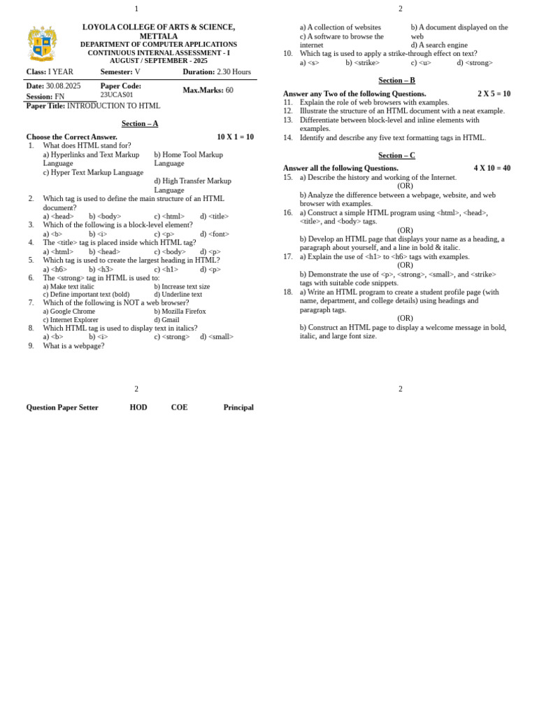 HTML Introduction Assessment Paper | PDF | Html | World Wide Web