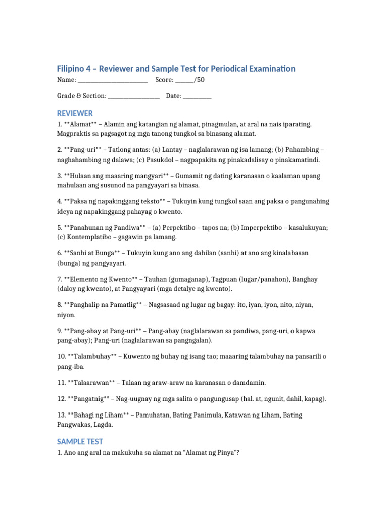 Filipino4 Reviewer and Sample Test | PDF
