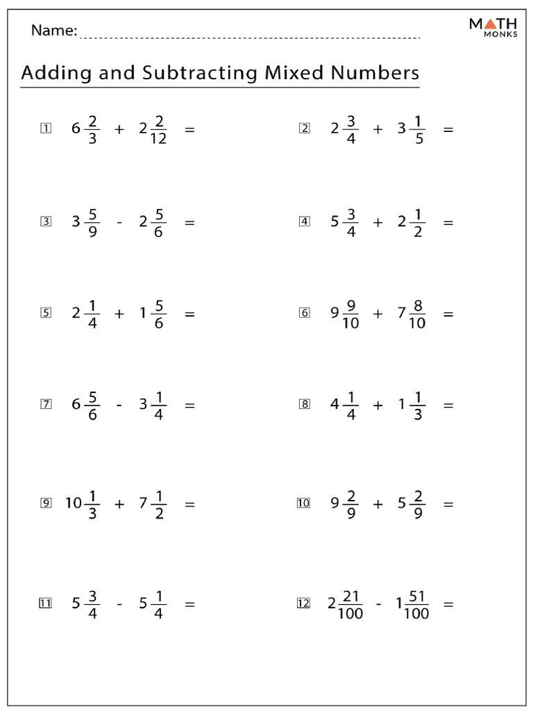 Adding and Subtracting Mixed Numbers Worksheet | PDF