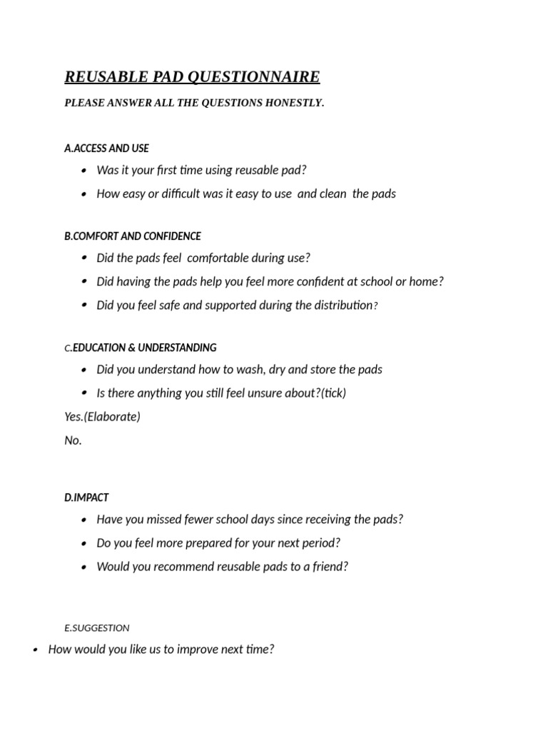Reusable Pad User Experience Survey | PDF