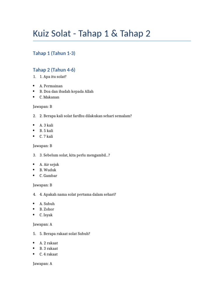 Kuiz Solat: Soalan Tahap 1 & 2 | PDF