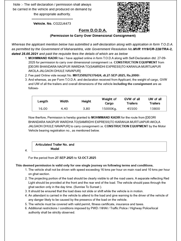 Over Dimensional Consignment Permit | PDF | Road | Cargo
