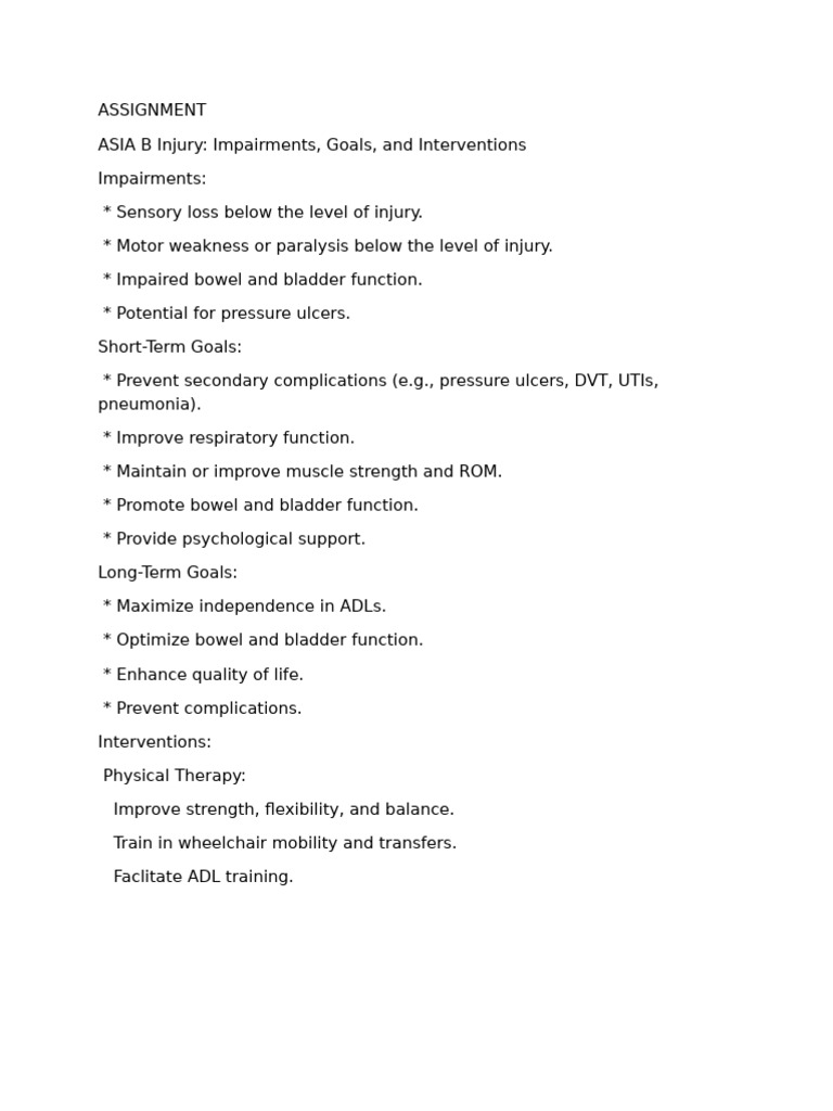 Asia B Injury: Goals and Interventions | PDF
