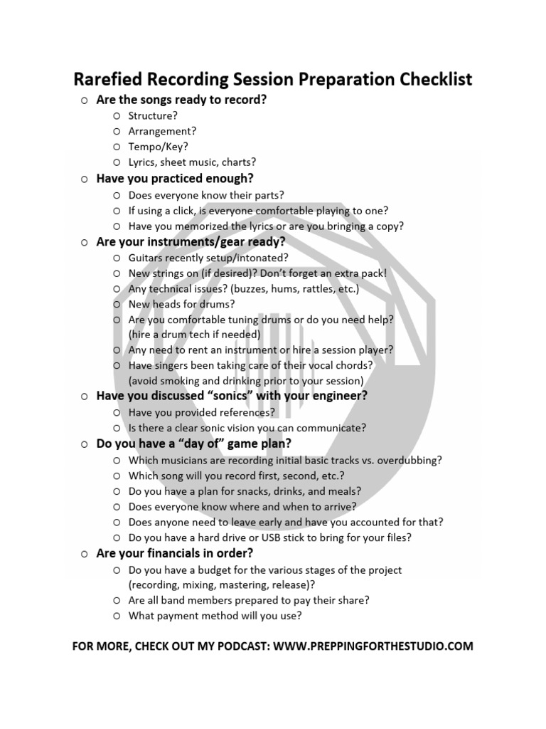 Recording Session Prep Checklist | PDF