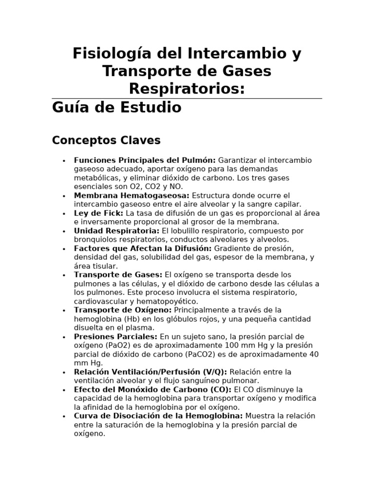 Intercambio y Transporte de Gases Respiratorios | PDF | Difusión | Capilar